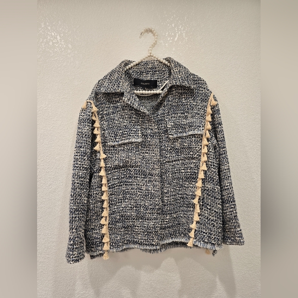 Zara Tweed Tassel Accent Boxy Relaxed Blazer Jacket Size S - Picture 2 of 5